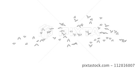 Flying birds silhouette flock. hand drawing. Not AI, Summer vector illustration Flying birds silhouette flock. hand drawing. Not AI, Summer vector illustration 112816807