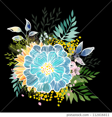 Floral abstraction on a black background. hand drawn. Not AI . Vector illustration Floral abstraction on a black background. hand drawn. Not AI . Vector illustration 112816811