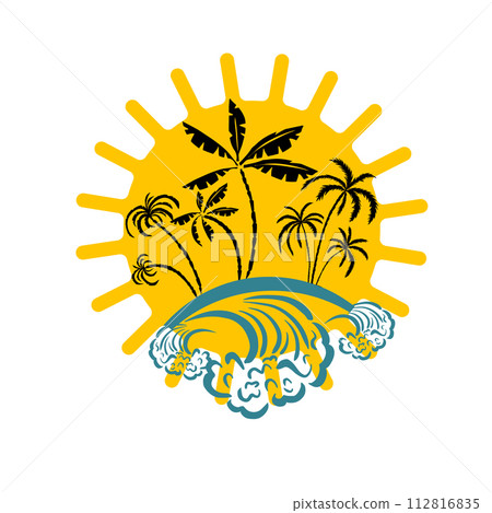 Logo sun and palm trees. Hello summer. hand drawing. Not AI. Vector illustration 112816835