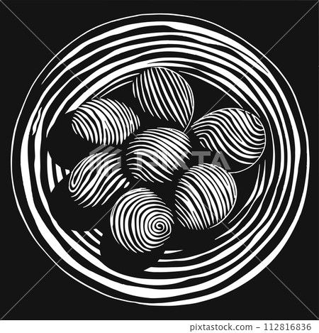 Minimal vector illustration of striped black and white linocut eggs on a plate Minimal vector illustration of striped black and white linocut eggs on a plate 112816836
