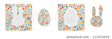 Easter card with bunny. Set of abstract rabbits. Postcard Happy Easter . hand drawing. Not AI. Vector illustration 112816838