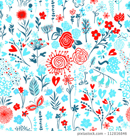 Seamless background of small red and blue flowers. hand drawing. Not AI, Vector illustration Seamless background of small red and blue flowers. hand drawing. Not AI, Vector illustration 112816846