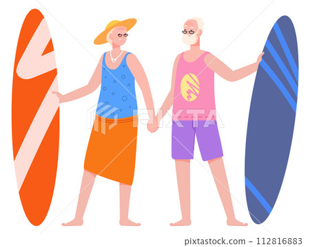 Happy old man and woman with surfing boards. Seniors together 112816883