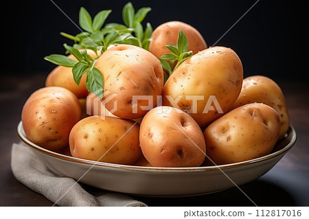 Fresh potatoes in a plate on a dark background. 112817016