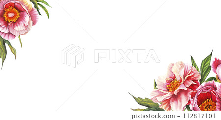 Watercolor peony Flower horizontal frame in pink, peach and green colors. Hand drawn floral illustration of flowers and leaves on isolated background for greeting cards or wedding invitations 112817101