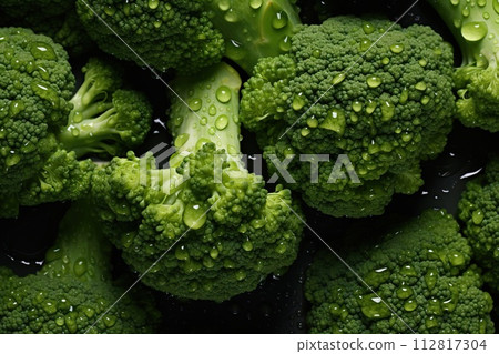 Fresh green broccoli with water drops on black background, top view. Fresh green broccoli with water drops on black background, top view. 112817304