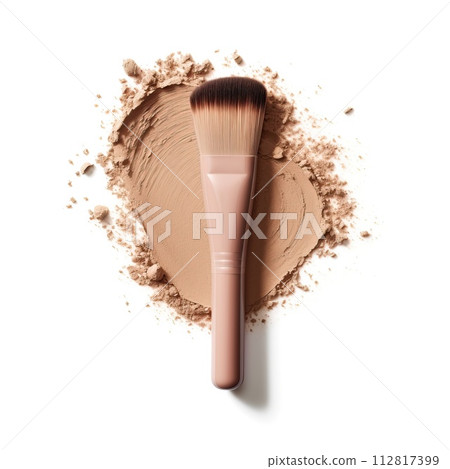 Face powder and brush isolated on white background. Face foundation, cosmetic product sample Face powder and brush isolated on white background. Face foundation, cosmetic product sample 112817399