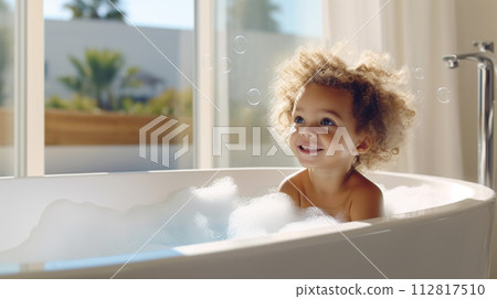 AI-generated content. A Little Girl Is Taking A Bath In A Bathtub Filled With Foam 112817510