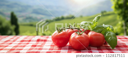 AI-generated content. Tomatoes And A Jar Of Cheese Are On A Checkered Table Cloth 112817511