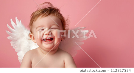 AI-generated content. A Baby With Angel Wings Is Smiling On A Pink Background 112817554