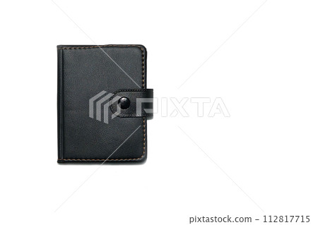 Black notebook or wallet isolated on white background, with clasp. Blank for artwork on the topic of business, organization of events, accounting, planning Black notebook or wallet isolated on white background, with clasp. Blank for artwork on the topic of business, organization of events, accounting, planning 112817715