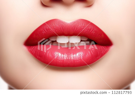 Photorealistic female lips with red lipstick 112817793