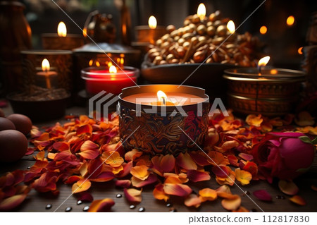 Pattern for Diwali. Bright festive design with candles. 112817830