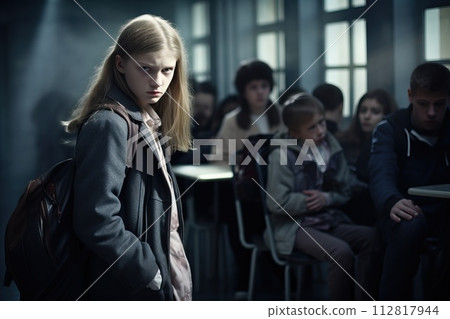 Creative concept on the topic of bullying at school. Sad children at school Creative concept on the topic of bullying at school. Sad children at school 112817944