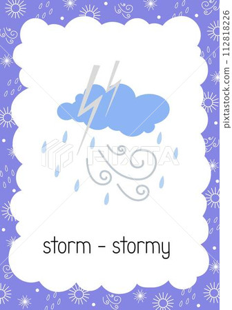 Weather flash card Storm Stormy topical vocabulary learning printable, educational English kids worksheet, nursery, kindergarten, pre-school, leisure activity, teacher resources vector illustration Weather flash card Storm Stormy topical vocabulary learning printable, educational English kids worksheet, nursery, kindergarten, pre-school, leisure activity, teacher resources vector illustration 112818226