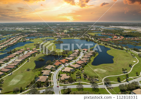 Flooded houses by hurricane Ian rainfall in Florida residential area. Consequences of natural disaster 112818331