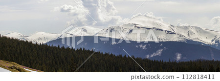 Fantastic view of mountain Hoverla in Carpathian mountains range on bright sunny spring day. Sharp contrast between dark pine forest and bright shiny snow on tops. Beauty and power of nature concept. Fantastic view of mountain Hoverla in Carpathian mountains range on bright sunny spring day. Sharp contrast between dark pine forest and bright shiny snow on tops. Beauty and power of nature concept. 112818411