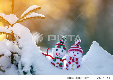 Two small funny toys baby snowman in knitted hats and scarves in deep snow outdoors near pine tree branch. Happy New Year and Merry Christmas greeting card. 112818433