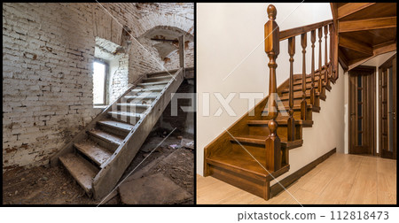 Comparison of modern brown wooden oak staircase with carved railing in new renovated apartment interior and old ladder stairs. Before renovation and after house reconstruction collage. Comparison of modern brown wooden oak staircase with carved railing in new renovated apartment interior and old ladder stairs. Before renovation and after house reconstruction collage. 112818473