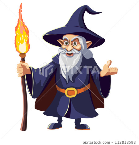 Gray-haired wizard in a blue cloak, hat and with a burning staff isolated on a white background. 112818598