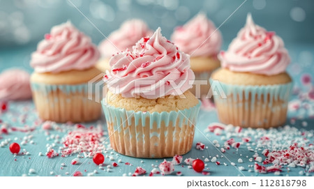 AI-generated content. Delicious cupcakes with pink peppermint frosting and candy sprinkles 112818798