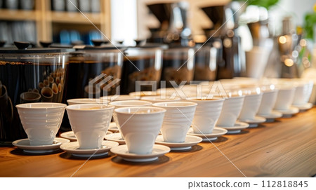 AI-generated content. Elegant coffee tasting event with cups lined up on a wooden table 112818845