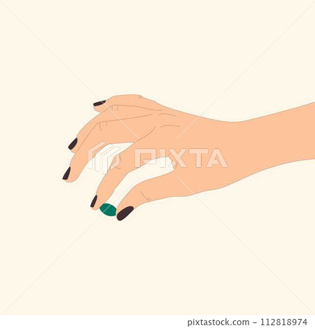 Hand holding green tablet. One pill in a female hand with manicure flat vector concept. Hand holding green tablet. One pill in a female hand with manicure flat vector concept. 112818974