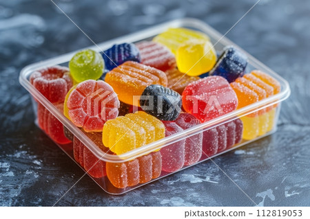 AI-generated content. Colorful assorted jelly candies in a clear plastic box on a dark backdrop 112819053
