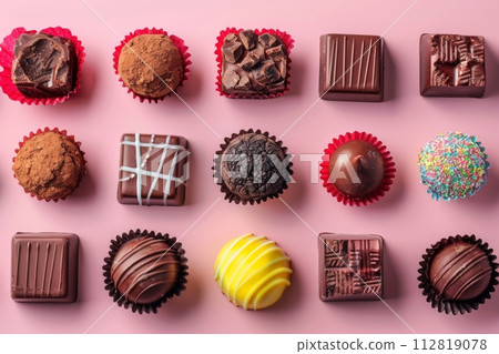 AI-generated content. Delectable assortment of chocolate bites on a pink background 112819078