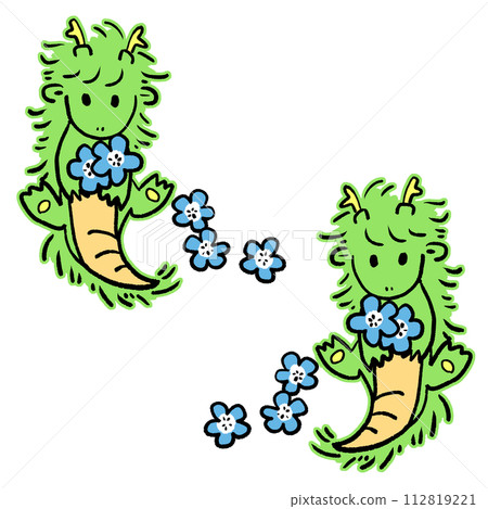 可愛的龍與藍色的花朵的插圖 112819221