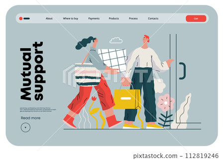Mutual Support: Door Holding - modern flat vector concept illustration of woman carrying heavy box and man holding door for her. A metaphor of voluntary, collaborative exchanges of resource, services 112819246