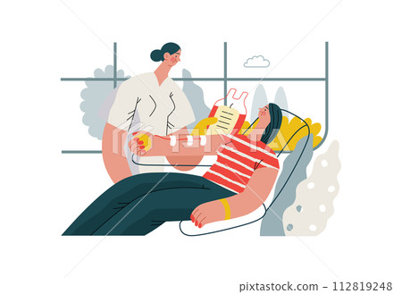Mutual Support: Blood donation -modern flat vector concept illustration of a nurse and woman donating blood A metaphor of voluntary, collaborative exchanges of resource, services 112819248