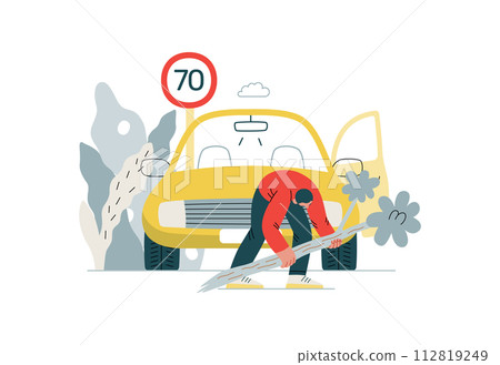 Mutual Support: Clearing an obstacle from the way -modern flat vector concept illustration of a man removing a fallen branch from the road A metaphor of voluntary, collaborative exchanges of services 112819249
