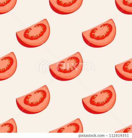 Flat Vector Seamless Pattern with Fresh Tomato on a White Background. Seamless Vegetable Print with Whole Tomatoes 112819351