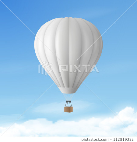 Vector 3d Realistic White Hot Air Balloon on Blue Sky Background. Design Template for Branding. Blank Aerostat for Summer Vacation, Travelling, Tourism, Journey Concept 112819352