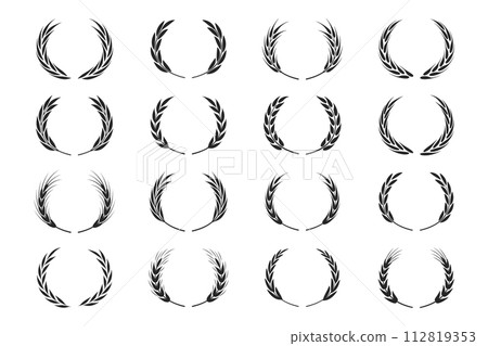 Flat Vector Agriculture Round Wheat, Cereal Wreath, Cereal Ear Set Isolated. Organic Wheat, Rice Ears. Design Template for Bread, Beer Logo, Packaging, Labels for Farming, Organic Food Concept 112819353