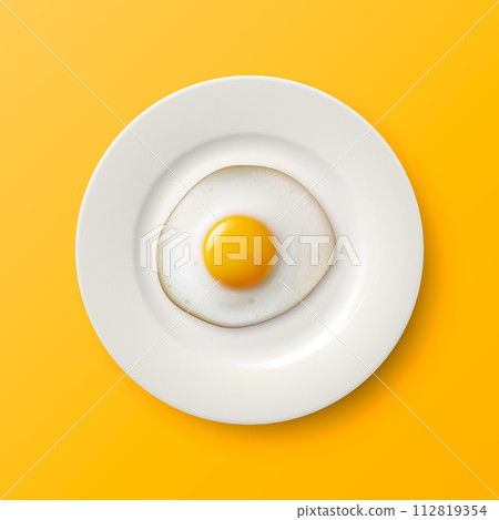 Vector 3d Realistic Fried Egg on a White Dish, Plate Closeup Isolated in Top View. Design Template of Scrambled Eggs, Fried Egg, Omelette. Delicious Breakfast, Food, Culinary Concept 112819354