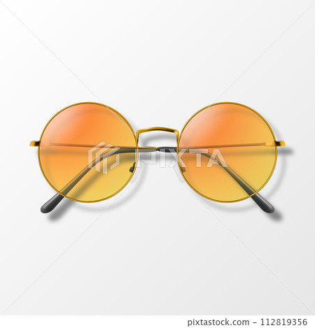 Vector 3d Realistic Orange Round Frame Glasses Isolated. Sunglasses, Lens, Vintage Eyeglasses in Top View. Design Template for Optics and Eyewear Branding Concept 112819356