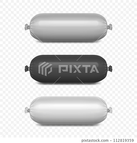 Vector 3d Realistic Blank White Polyethylene Sausage, Pie or Ice Cream Packaging. Design Template for Mockup, Closeup, Isolated, Front View Vector 3d Realistic Blank White Polyethylene Sausage, Pie or Ice Cream Packaging. Design Template for Mockup, Closeup, Isolated, Front View 112819359
