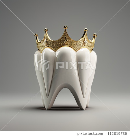 AI-generated content. White tooth with small golden crown. White background. AI-generated content. White tooth with small golden crown. White background. 112819786