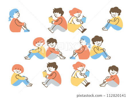 一組男孩和女孩坐在 back_color 一組男孩和女孩坐在 back_color 112820141