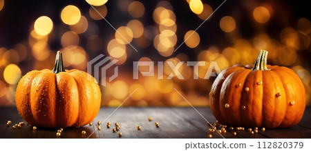 Beautiful pumpkin on a wooden floor. Festive Halloween bokeh background with empty space. 112820379