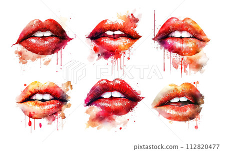 Set of watercolor human lips isolated on white. Generative AI, edited in Photoshop. Perfect stickers set 112820477