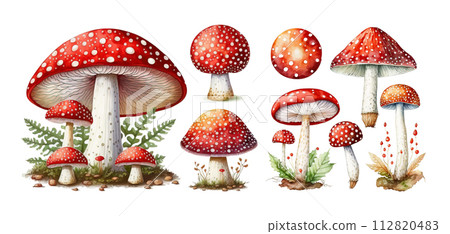 Set of watercolor amanita muscaria mushrooms isolated on white. Generative AI, edited in Photoshop. Perfect stickers set 112820483