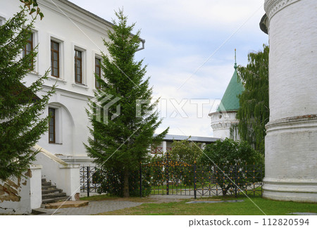 Courtyard of Holy Trinity Ipatiev Monastery of the 15th century with rich stucco in Kostroma, Russia 112820594