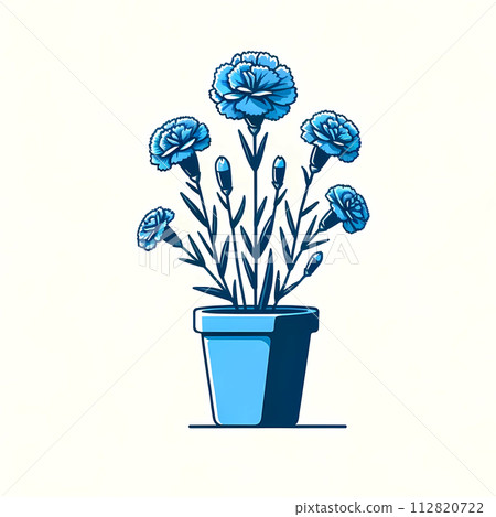 盆栽藍康乃馨的插圖。沒有背景,盆子裡種著康乃馨花。 盆栽藍康乃馨的插圖。沒有背景,盆子裡種著康乃馨花。 112820722