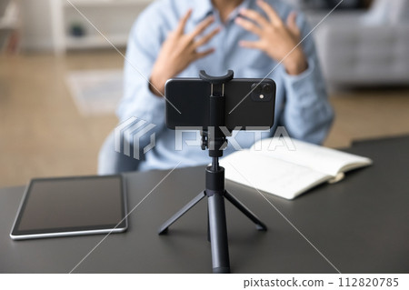 Vlogger make speech, recording new video on smartphone camera Vlogger make speech, recording new video on smartphone camera 112820785