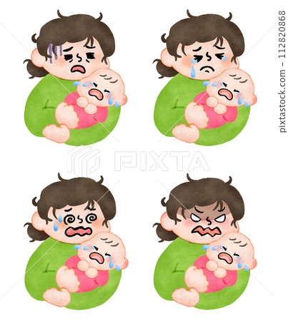 Mother holding a crying baby hand-drawn illustration material set Mother holding a crying baby hand-drawn illustration material set 112820868