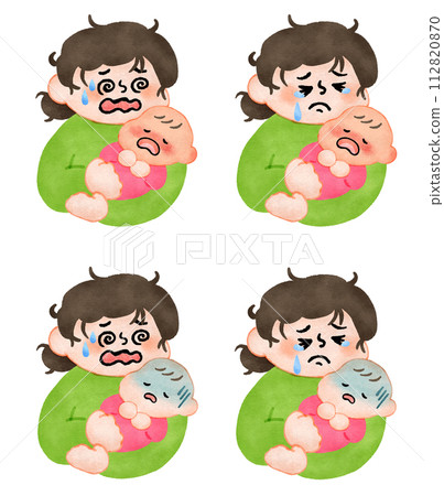 Mother taking care of a sick baby Hand-drawn illustration material set 112820870