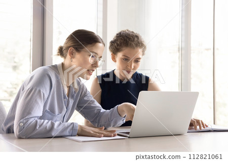 Two female office employees working together using laptop Two female office employees working together using laptop 112821061